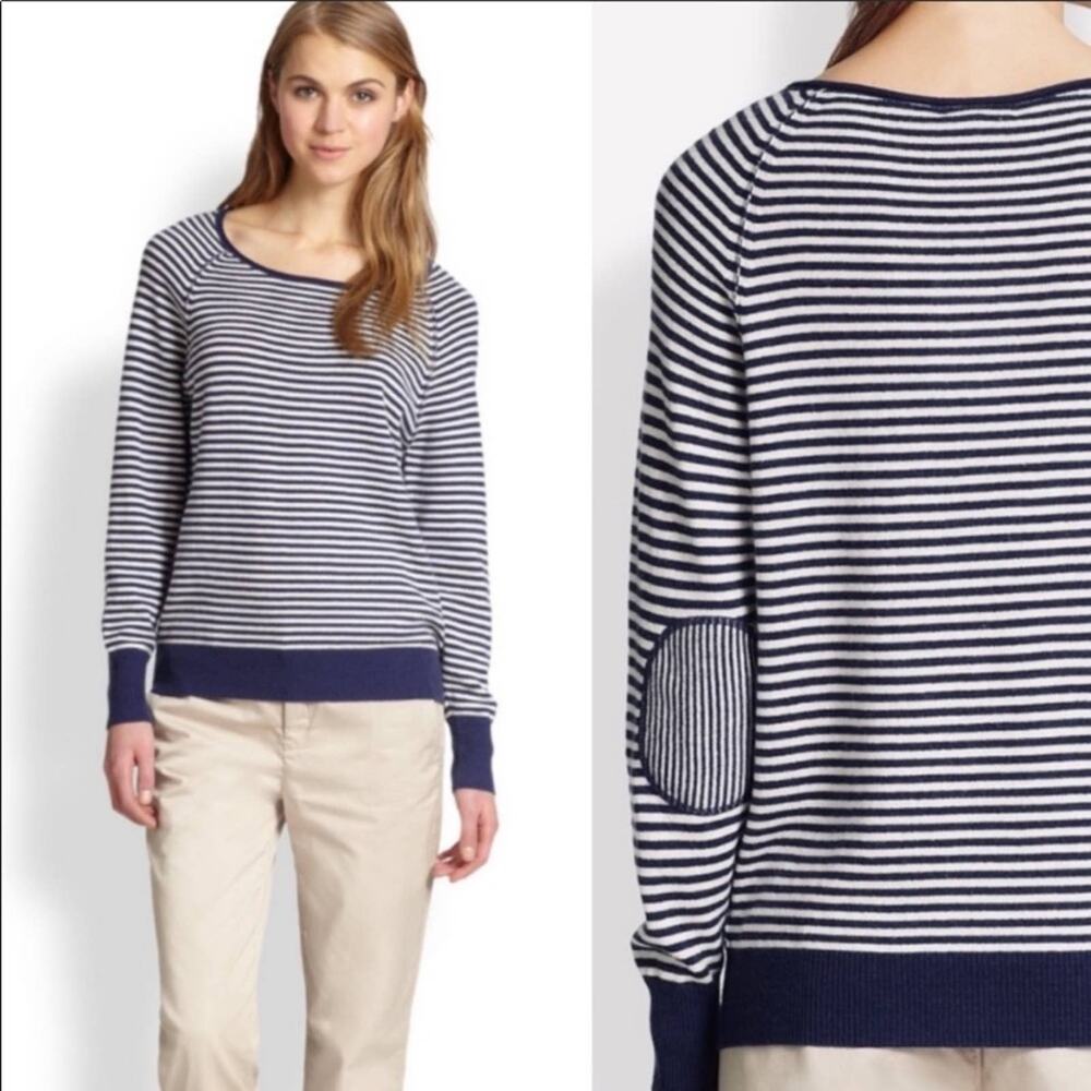 Joie Tiani Striped Wool Cashmere Elbow Patch Navy/White Sweater